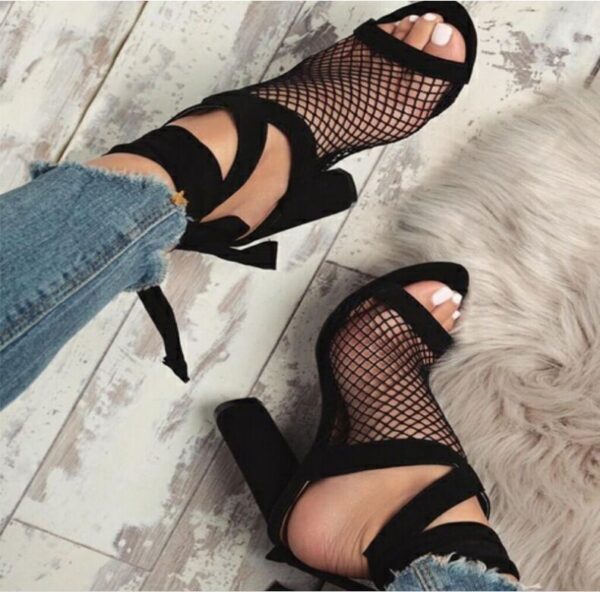 Women Sandals Bandage Flock Cross Strap Lace Up High Heels Sandal - Image 3